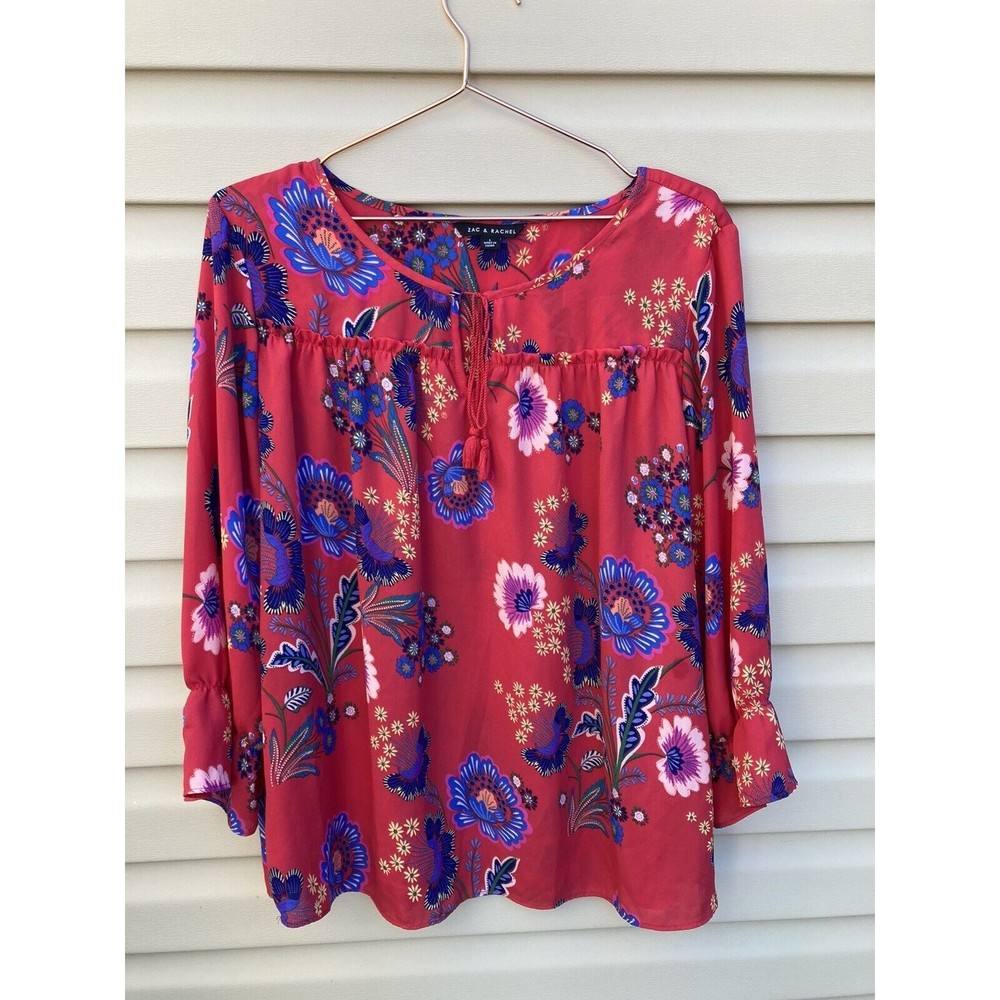 Zach & Rachel Womens Top Blouse Pink Floral Balloon Sleeve Size Large